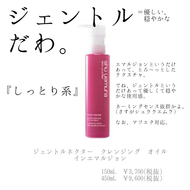 ジェントルネクター クレンジング オイル イン エマルジョン　shuuemura　成分　比較　クレンジングオイル